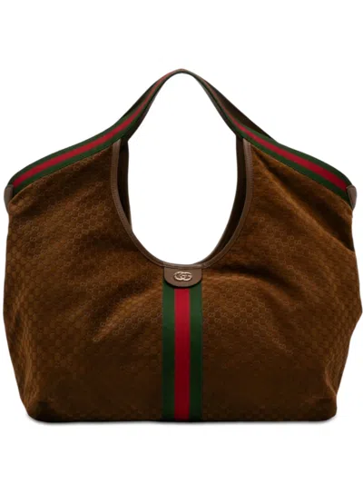 Pre-owned Gucci 2016-2026 Large Gg Suede Web Giglio Tote Bag In Brown