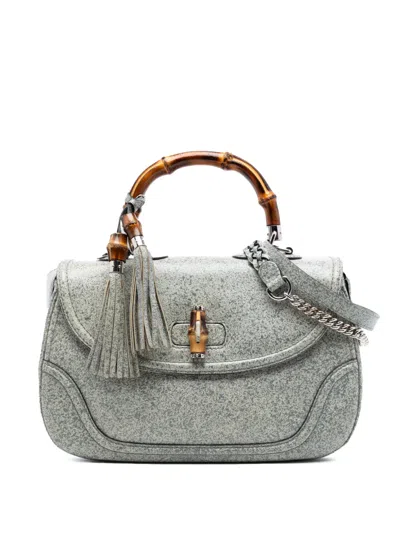 Pre-owned Gucci 2016-2026 Large Speckled Leather New Bamboo Top Handle Bag Satchel In Gray