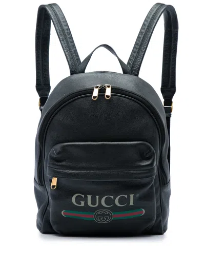 Pre-owned Gucci 2016-2026 Leather Logo Backpack In Black