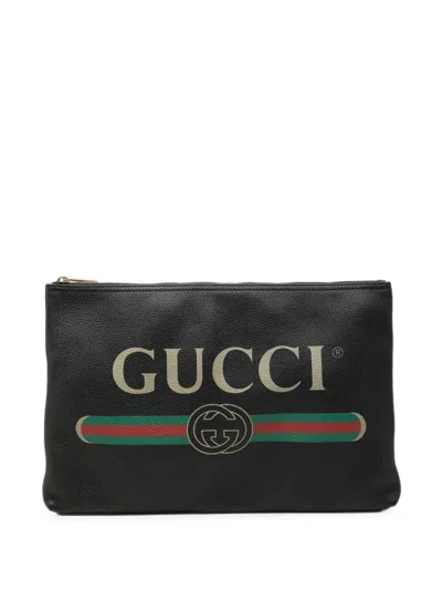 Pre-owned Gucci 2016-2026 Leather Logo Clutch Bag In Black