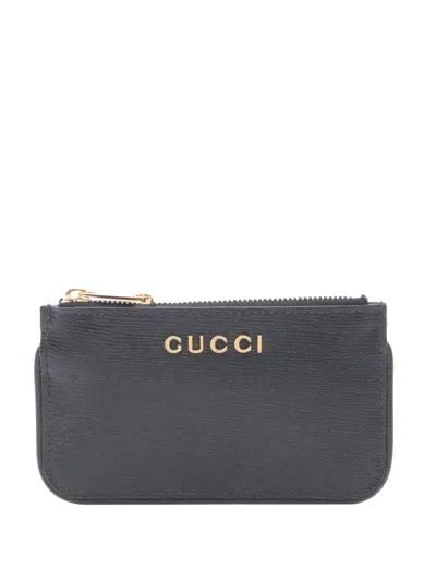 Pre-owned Gucci 2016-2026 Leather Script Coin Pouch In Black