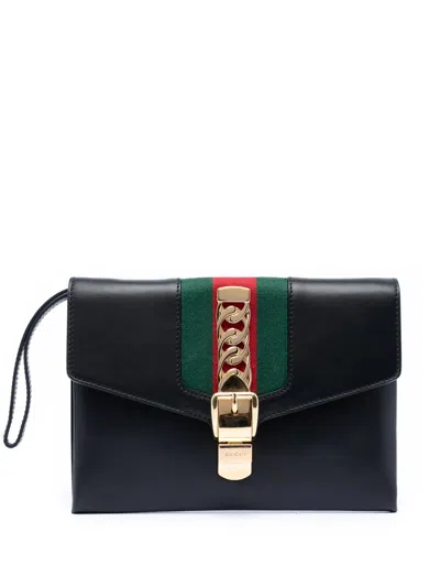 Pre-owned Gucci 2016-2026 Leather Sylvie Clutch Bag In Black