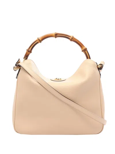 Pre-owned Gucci 2016-2026 Medium Calfskin Bamboo Diana Satchel In Neutrals