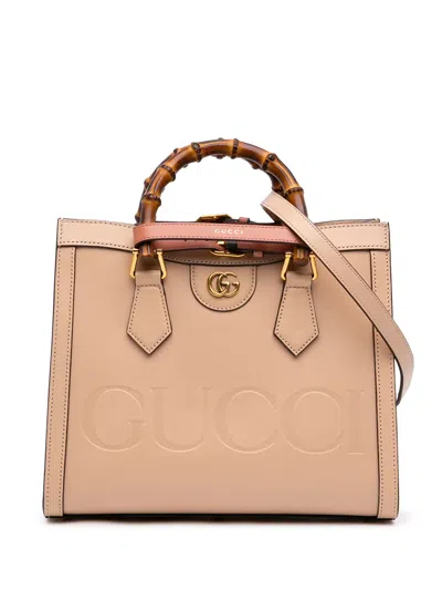 Pre-owned Gucci 2016-2026 Medium Calfskin Bamboo Diana Satchel In Neutrals