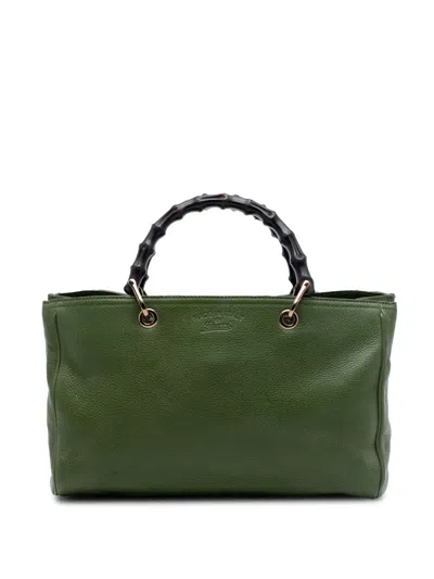 Pre-owned Gucci 2016-2026 Medium Calfskin Bamboo Shopper Satchel In Green
