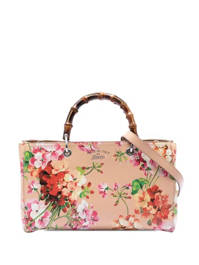 Pre-owned Gucci 2016-2026 Medium Calfskin Blooms Bamboo Shopper Satchel In Pink