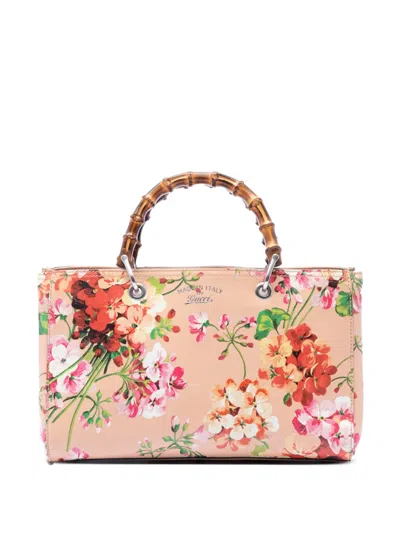 Pre-owned Gucci 2016-2026 Medium Calfskin Blooms Bamboo Shopper Satchel In Pink