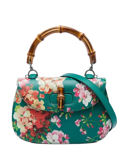 Pre-owned Gucci 2016-2026 Medium Calfskin Blooms Bamboo Top Handle Bag Satchel In Green
