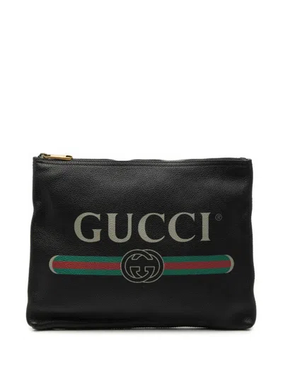 Pre-owned Gucci 2016-2026 Medium Calfskin Logo Portfolio Clutch Bag In Black