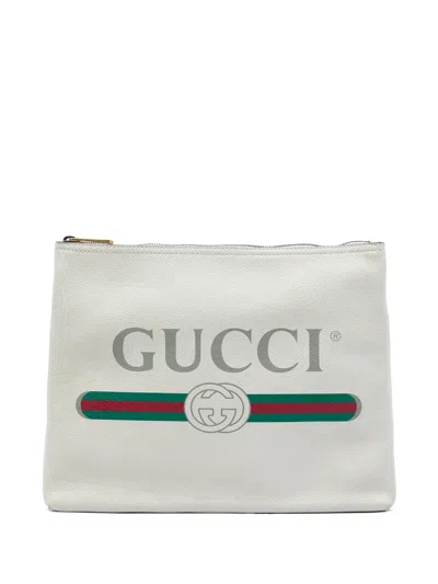 Pre-owned Gucci 2016-2026 Medium Calfskin Logo Portfolio Clutch Bag In White