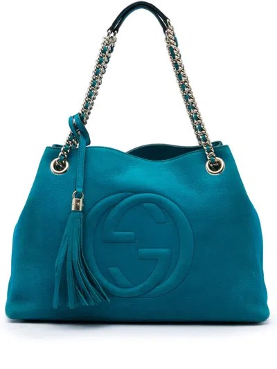 Pre-owned Gucci 2016-2026 Medium Calfskin Soho Chain Tote Bag In Blue