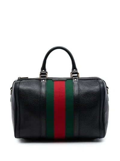 Pre-owned Gucci 2016-2026 Medium Calfskin Web Joy Boston Bag Satchel In Black