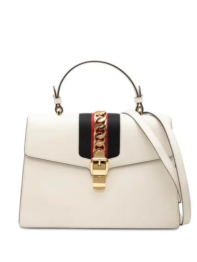 Pre-owned Gucci 2016-2026 Medium Calfskin Web Sylvie Top Handle Bag Satchel In White