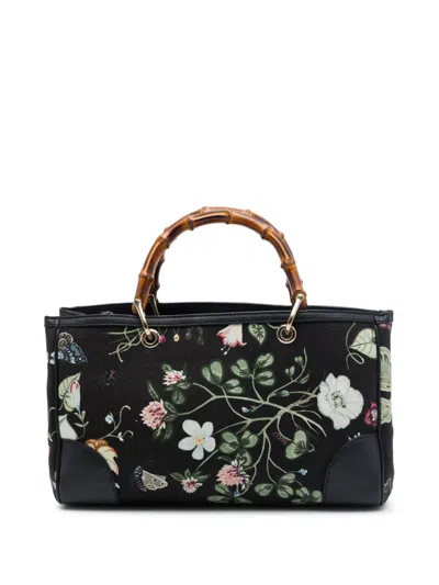 Pre-owned Gucci 2016-2026 Medium Canvas Flora Knight Bamboo Shopper Satchel In Black