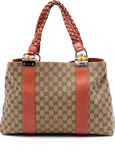 Pre-owned Gucci 2016-2026 Medium Gg Canvas Bamboo Libeccio Tote Bag In Neutral