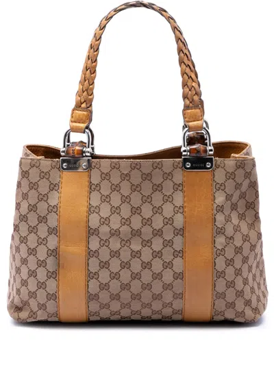 Pre-owned Gucci 2016-2026 Medium Gg Canvas Bamboo Libeccio Tote Bag In Neutrals