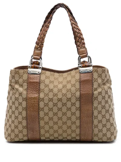 Pre-owned Gucci 2016-2026 Medium Gg Canvas Bamboo Libeccio Tote Bag In Neutrals