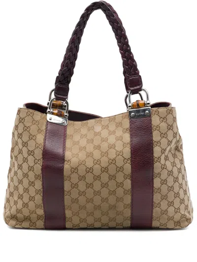 Pre-owned Gucci 2016-2026 Medium Gg Canvas Bamboo Libeccio Tote Bag In Neutrals