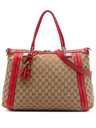 Pre-owned Gucci 2016-2026 Medium Gg Canvas Bella Tote Satchel In Red
