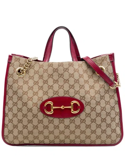 Pre-owned Gucci 2016-2026 Medium Gg Canvas Horsebit 1955 Chain Tote Satchel In Red