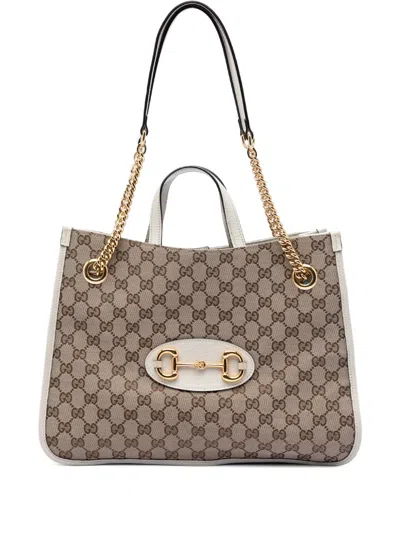 Pre-owned Gucci 2016-2026 Medium Gg Canvas Horsebit 1955 Chain Tote Satchel In White