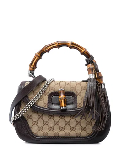 Pre-owned Gucci 2016-2026 Medium Gg Canvas New Bamboo Top Handle Bag Satchel In Neutrals