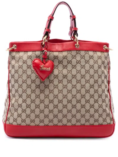 Pre-owned Gucci 2016-2026 Medium Gg Canvas Valentine Top Handle Bag Satchel In Red