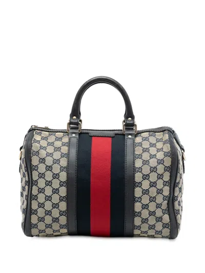 Pre-owned Gucci 2016-2026 Medium Gg Canvas Web Joy Boston Bag Satchel In Blue