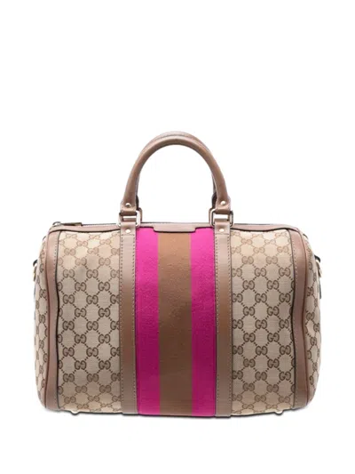 Pre-owned Gucci 2016-2026 Medium Gg Canvas Web Joy Boston Bag Satchel In Brown