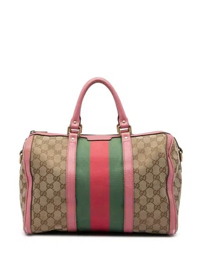 Pre-owned Gucci 2016-2026 Medium Gg Canvas Web Joy Boston Bag Satchel In Neutral