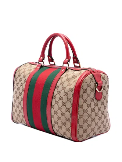 Pre-owned Gucci 2016-2026 Medium Gg Canvas Web Joy Boston Bag Satchel In Red
