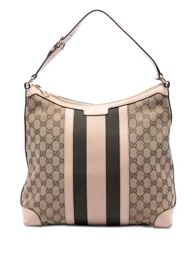 Pre-owned Gucci 2016-2026 Medium Gg Canvas Web Shoulder Bag In Neutral