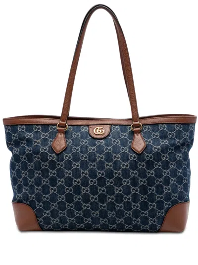 Pre-owned Gucci 2016-2026 Medium Gg Denim Ophidia Tote Bag In Blue