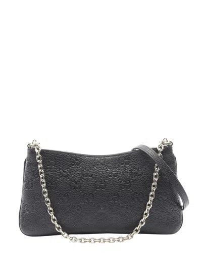 Pre-owned Gucci 2016-2026 Medium Gg Emblem Embossed Leather Shoulder Bag Satchel In Black