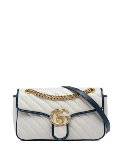 Pre-owned Gucci 2016-2026 Medium Gg Marmont Matelasse Diagonal Calfskin Torchon Shoulder Bag In White