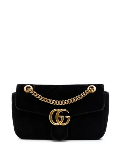 Pre-owned Gucci 2016-2026 Medium Gg Marmont Matelasse Velvet Shoulder Bag In Black