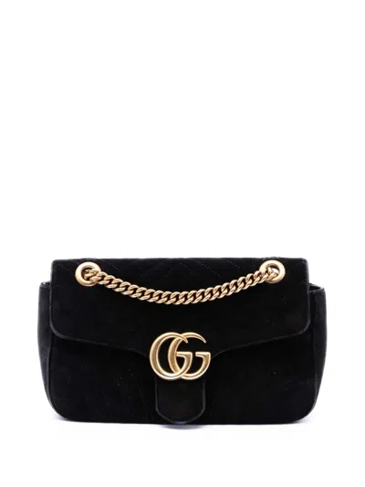 Pre-owned Gucci 2016-2026 Medium Gg Marmont Matelasse Velvet Shoulder Bag In Black