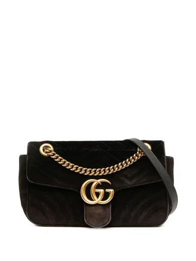 Pre-owned Gucci 2016-2026 Medium Gg Marmont Matelasse Velvet Shoulder Bag In Black