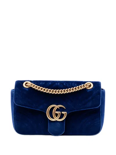 Pre-owned Gucci 2016-2026 Medium Gg Marmont Matelasse Velvet Shoulder Bag In Blue