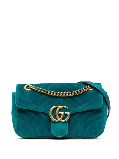 Pre-owned Gucci 2016-2026 Medium Gg Marmont Matelasse Velvet Shoulder Bag In Blue