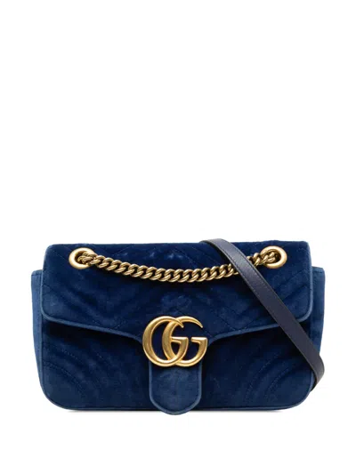Pre-owned Gucci 2016-2026 Medium Gg Marmont Matelasse Velvet Shoulder Bag In Blue