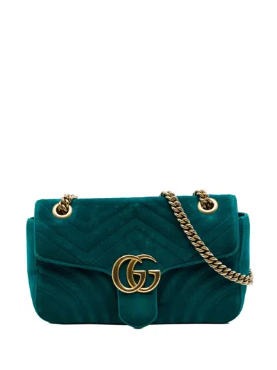 Pre-owned Gucci 2016-2026 Medium Gg Marmont Matelasse Velvet Shoulder Bag In Blue
