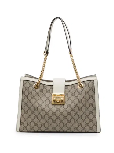 Pre-owned Gucci 2016-2026 Medium Gg Supreme Padlock Tote Bag In White