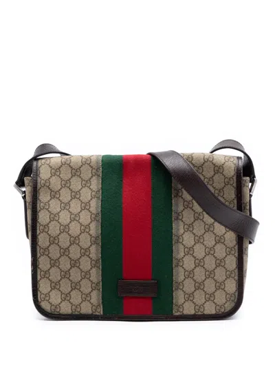 Pre-owned Gucci 2016-2026 Medium Gg Supreme Web Flap Messenger Bag Crossbody Bag In Neutral