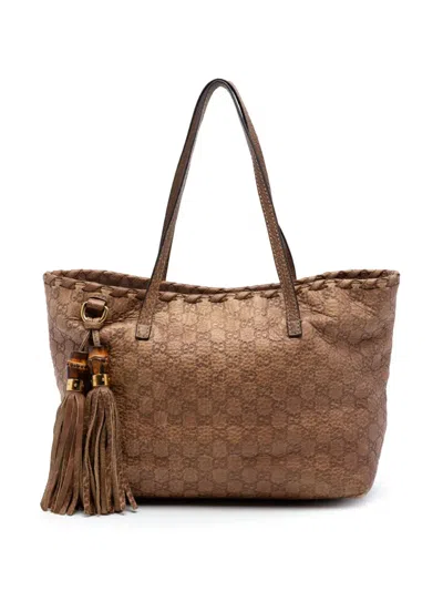Pre-owned Gucci 2016-2026 Medium Ssima Bamboo Tassel Tote Bag In Brown
