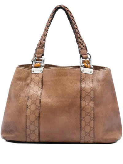 Pre-owned Gucci 2016-2026 Medium Ssima Trimmed Calfskin Bamboo Libeccio Tote Bag In Brown