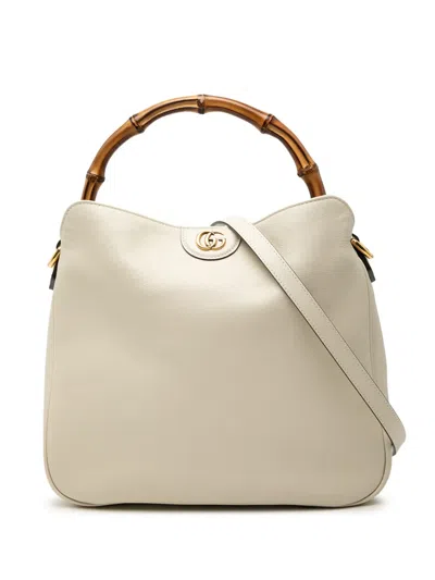 Pre-owned Gucci 2016-2026 Medium Leather Bamboo Diana Satchel In White