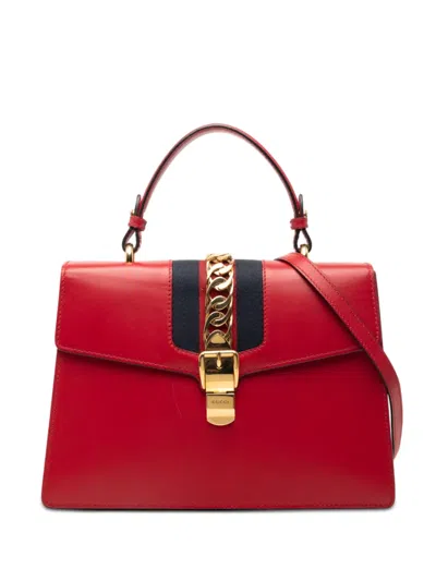 Pre-owned Gucci 2016-2026 Medium Leather Web Sylvie Top Handle Bag Satchel In Red