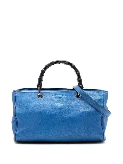 Pre-owned Gucci 2016-2026 Medium Metallic Calfskin Bamboo Shopper Satchel In Blue