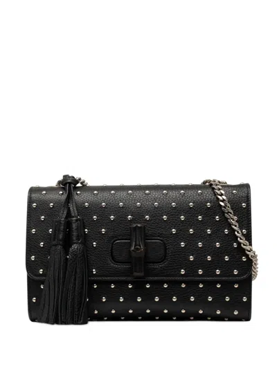Pre-owned Gucci 2016-2026 Medium Studded Leather Miss Bamboo Crossbody Bag In Black
